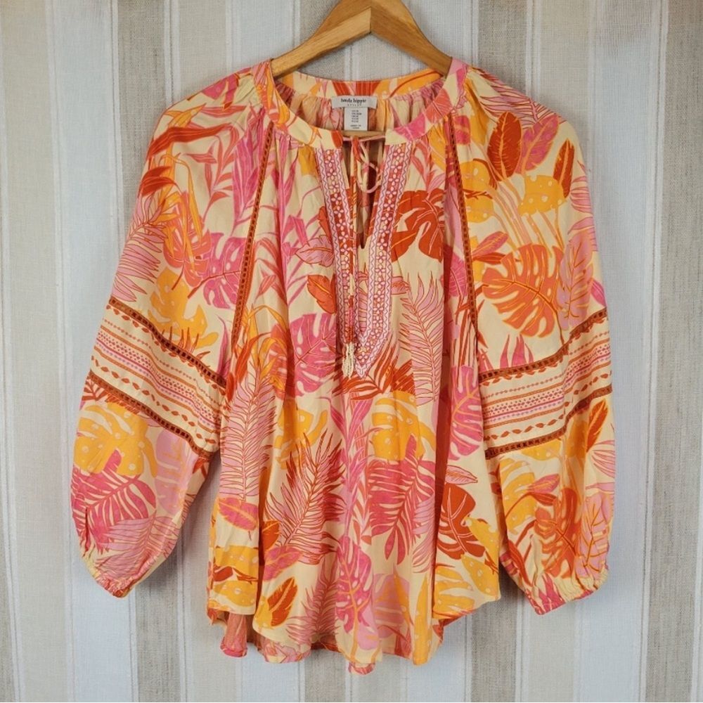 Haute Hippie Size S Tropical Floral Bohemian Peasant Style Blouse With Tassels